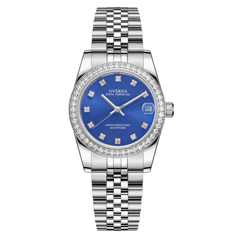 Royal Ladies Watch with blue dial and diamond accents, elegant stainless steel bracelet, water resistant.