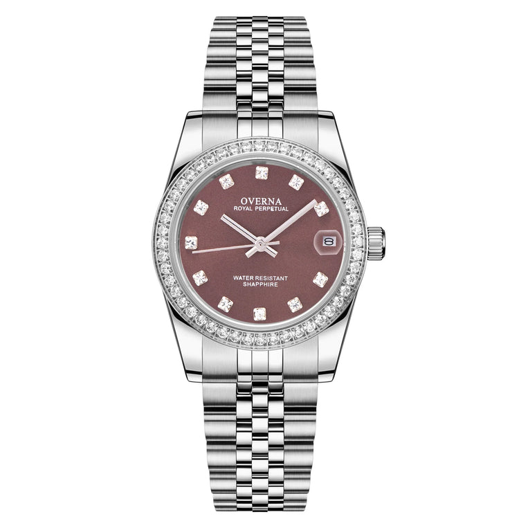 Royal Ladies Watch featuring a luxurious silver design with diamond accents and a elegant brown dial.