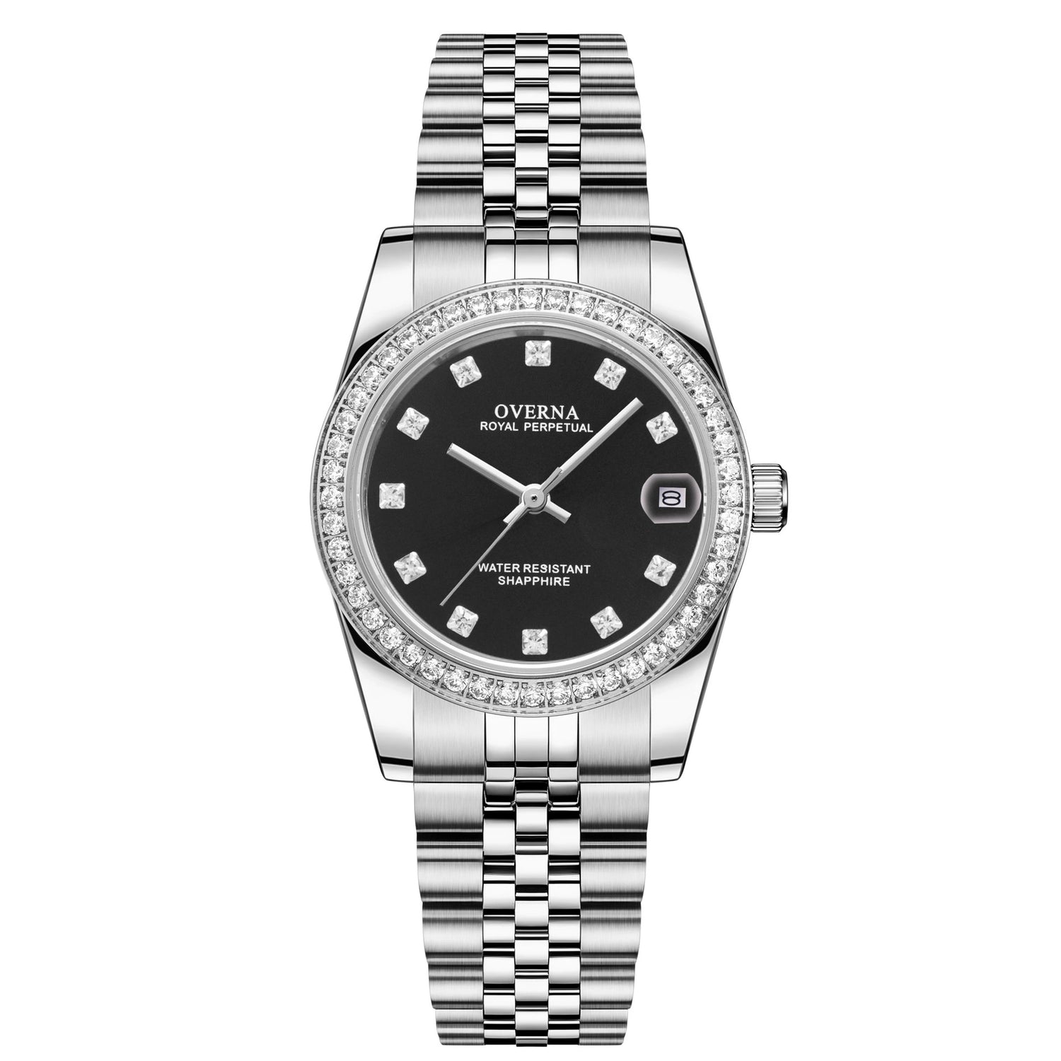 Royal Ladies Watch with black dial and diamond accents on a silver bracelet band.