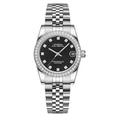 Royal Ladies Watch with black dial and diamond accents on a silver bracelet band.
