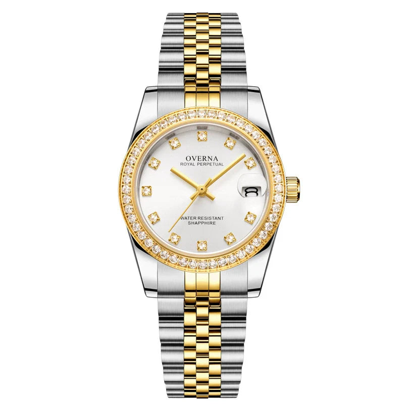 Royal Ladies watch gold with a gold and silver bracelet, elegant face, and diamond accents for a luxurious look.
