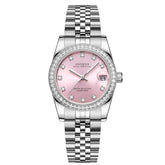 Royal Ladies Watch featuring a stylish pink face with diamond accents and a stainless steel bracelet.