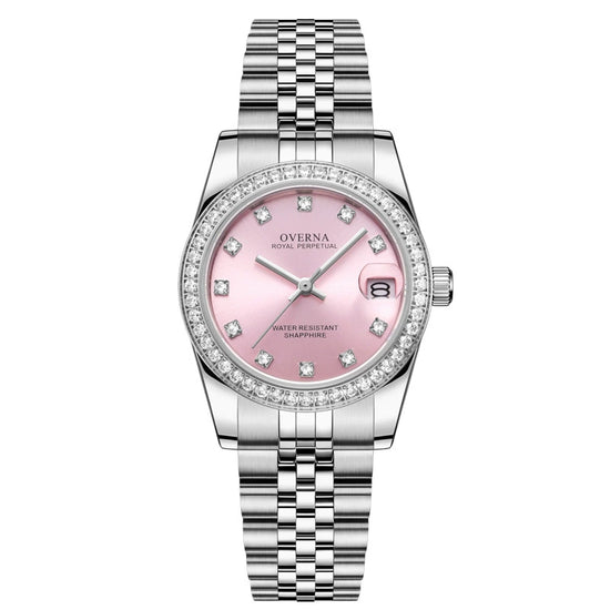 Royal Ladies Watch featuring a stylish pink face with diamond accents and a stainless steel bracelet.