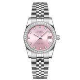 Royal Ladies Watch with pink dial and diamond accents on a silver bracelet, perfect for elegant style.