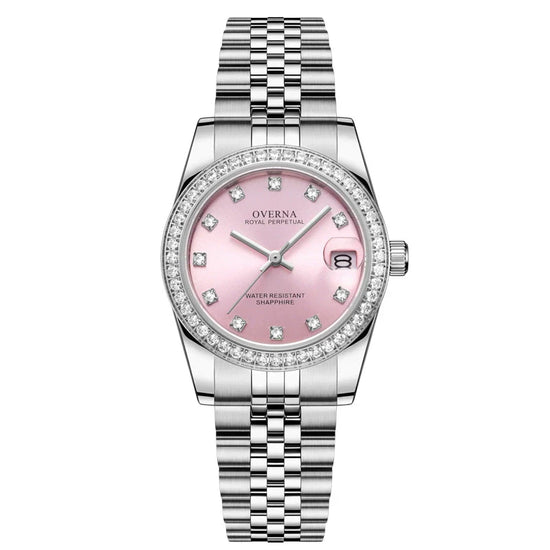 Royal Ladies Watch with pink dial and diamond accents on a silver bracelet, perfect for elegant style.