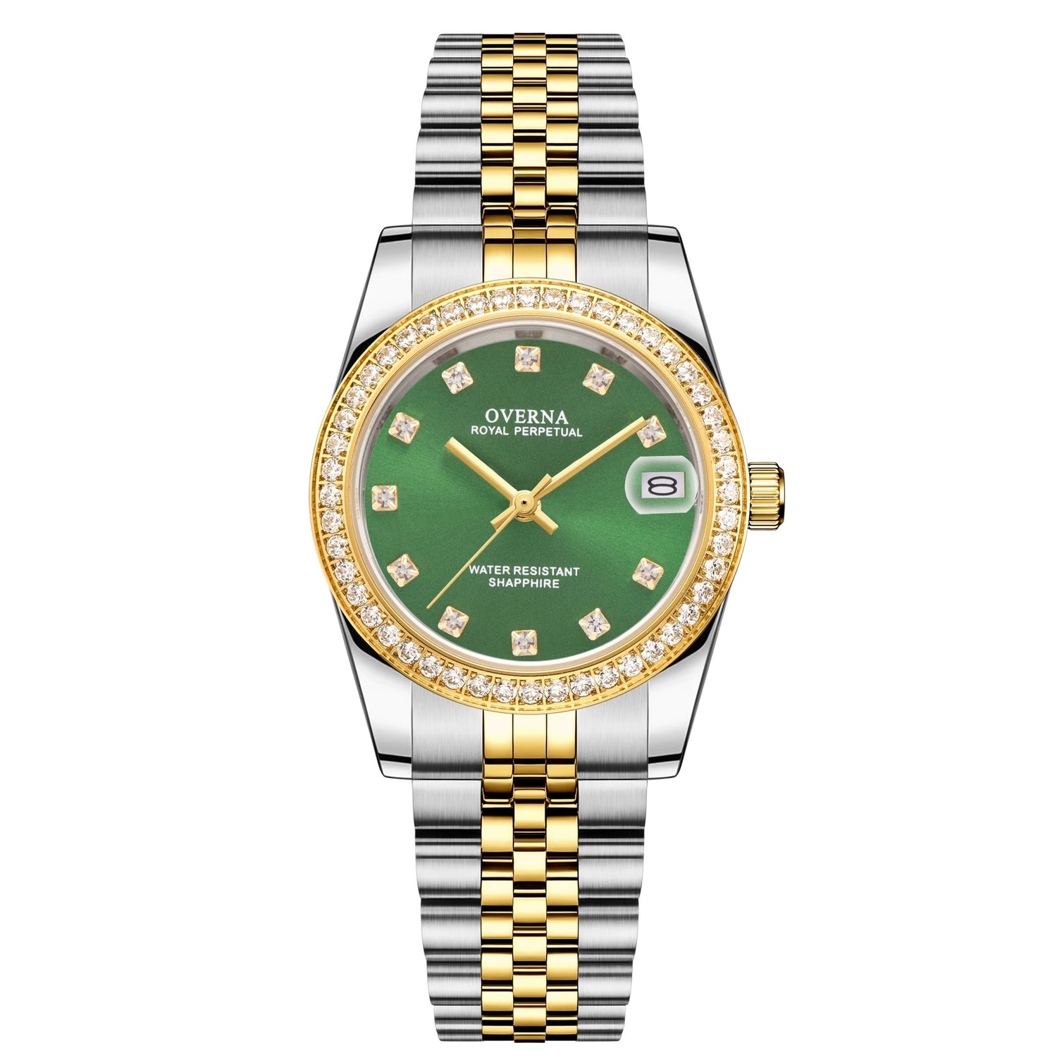 Royal Ladies Watch Gold with a green dial, gold accents, and gold stainless steel bracelet, showcasing elegance and luxury.