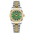 Royal Ladies Watch Gold with a green dial, gold accents, and gold stainless steel bracelet, showcasing elegance and luxury.