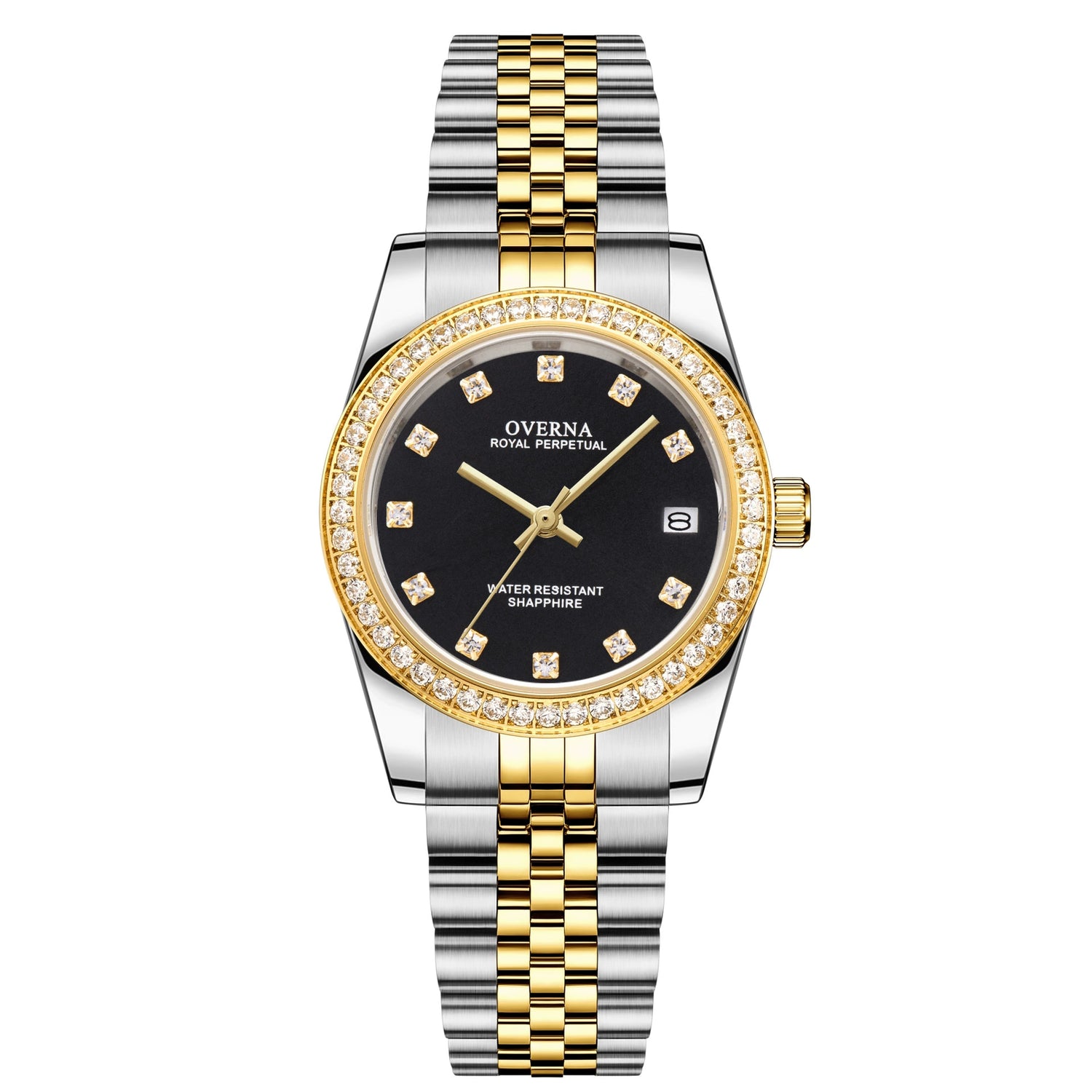 Royal Ladies Watch Gold showcasing a luxurious design with gold and silver tones and a sparkling black dial.