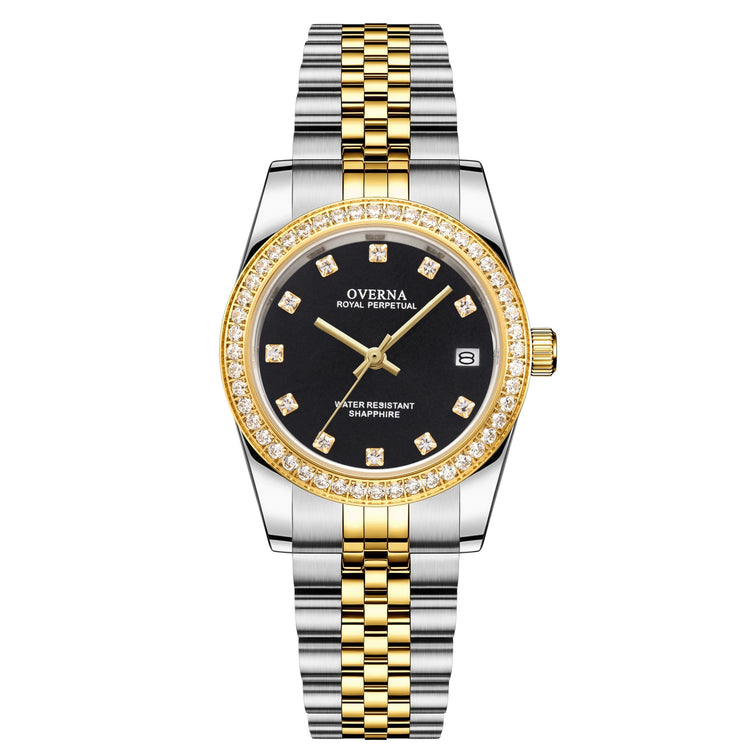 Royal Ladies Watch Gold showcasing a luxurious design with gold and silver tones and a sparkling black dial.